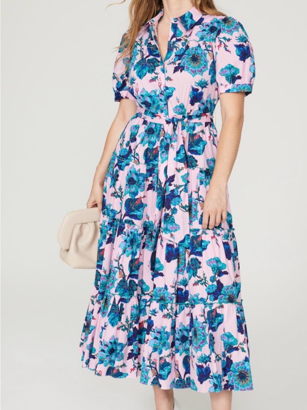 DIANE VON FURSTENBERG - Floral Queena Floral Midi Shirt Dress - Blue & Pink - XL
